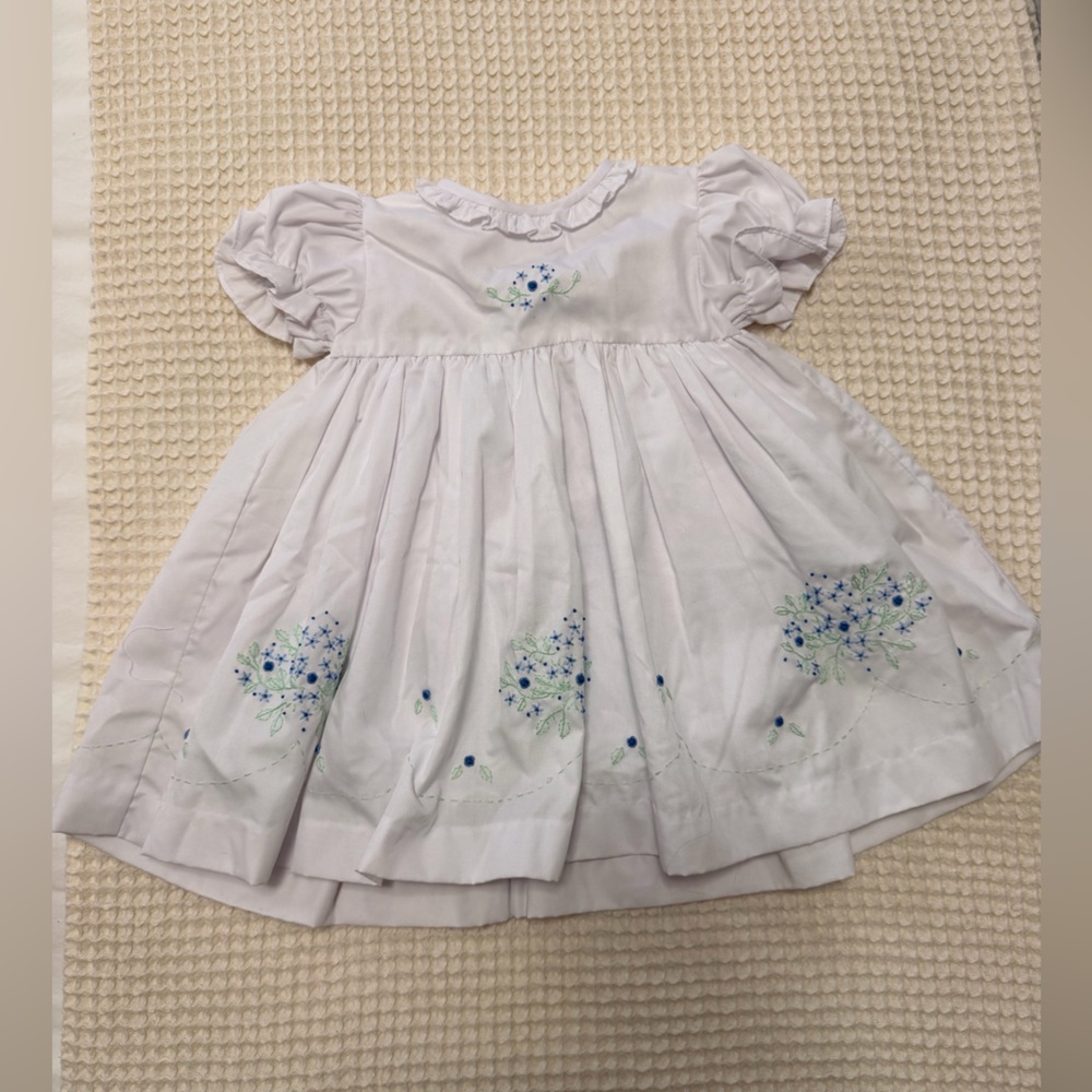 The Proper Peony White Children’s Dress with Blue Floral Embroidery